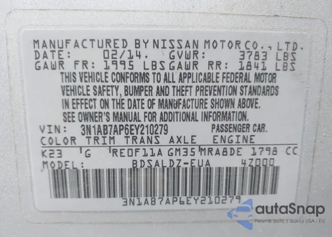 2014 Nissan Sentra Sv z USA, uszkodzony, nr VIN 3N1AB7AP6EY210279